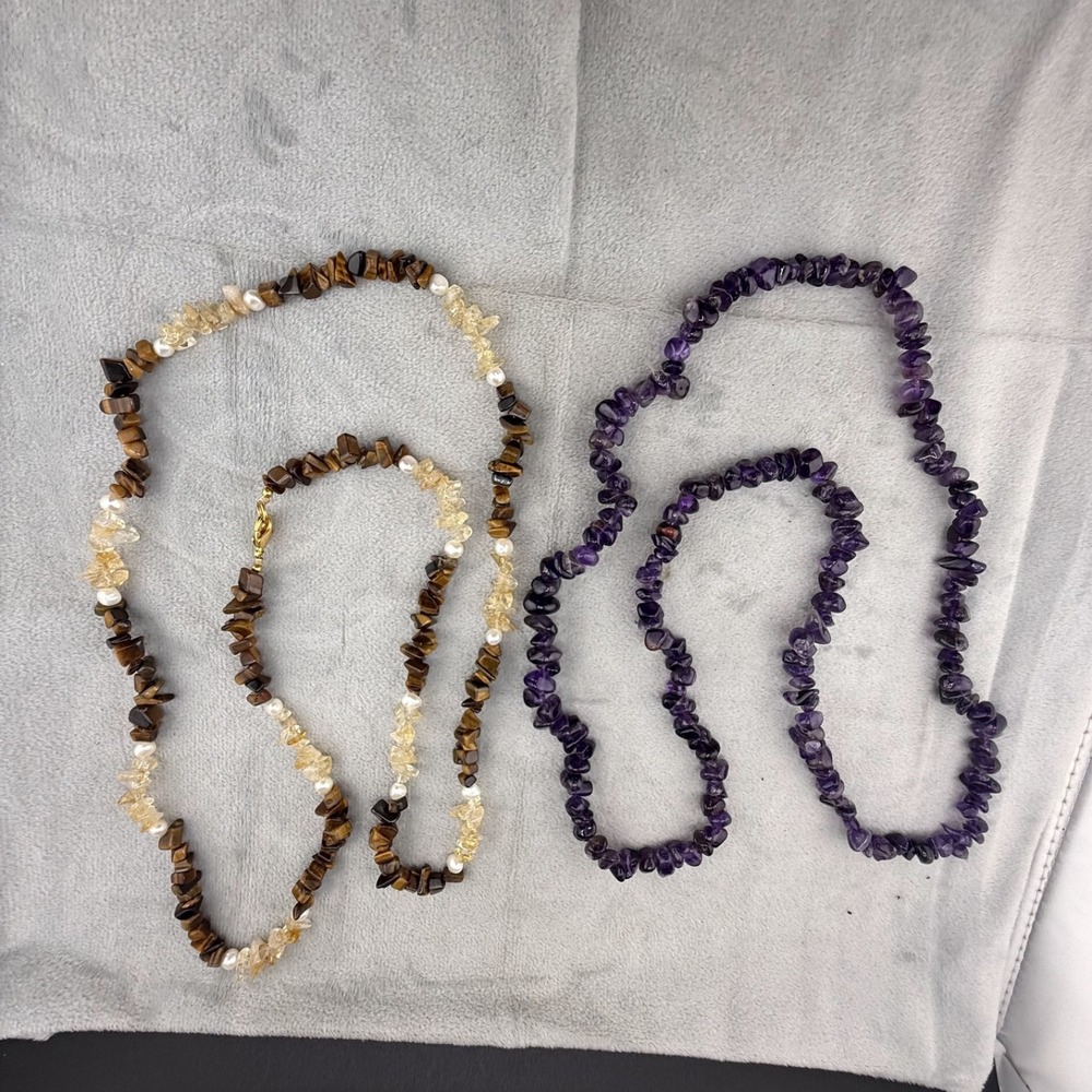 Vintage Estate Stone Chip Necklace Lot Amethyst Tigers Eye Multicolor 32"